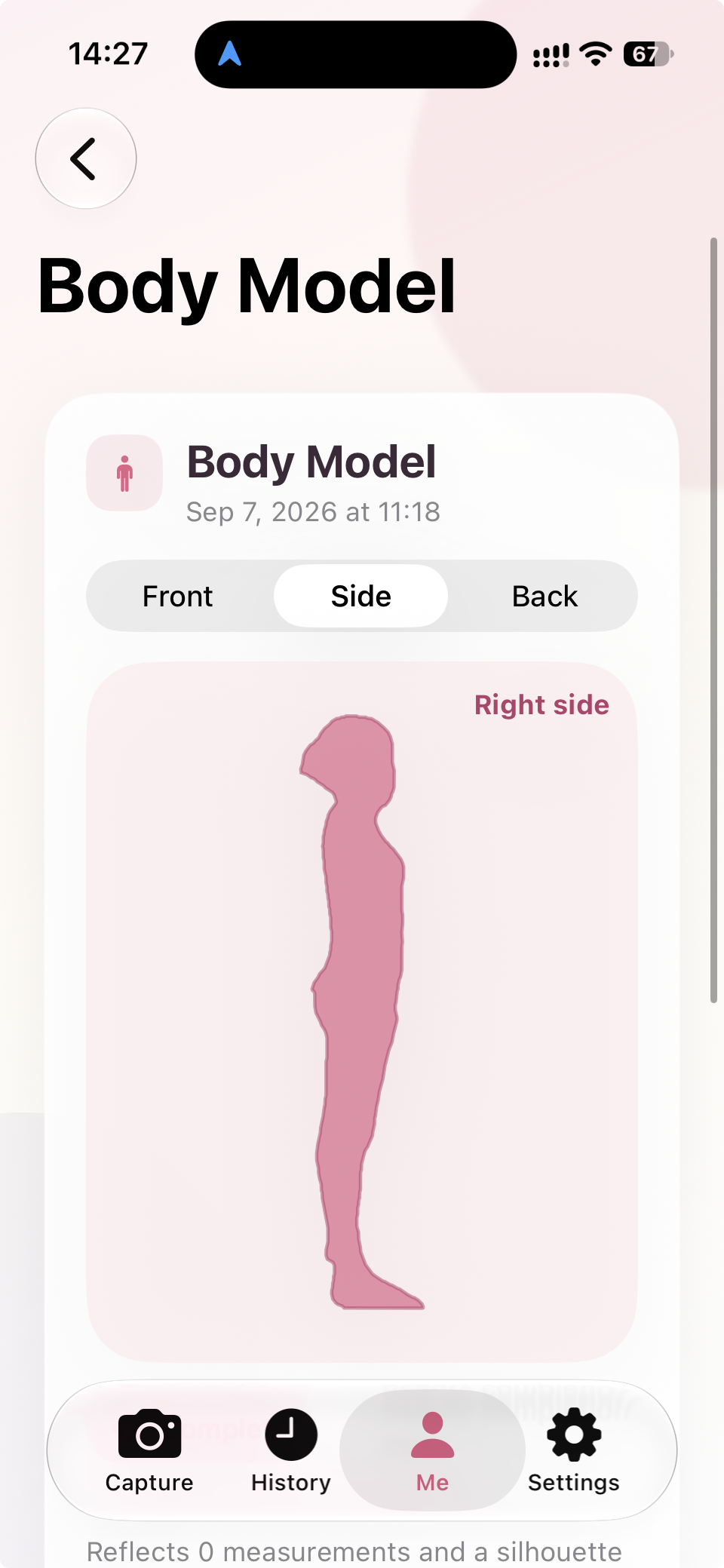 English Body Model screen showing a side silhouette