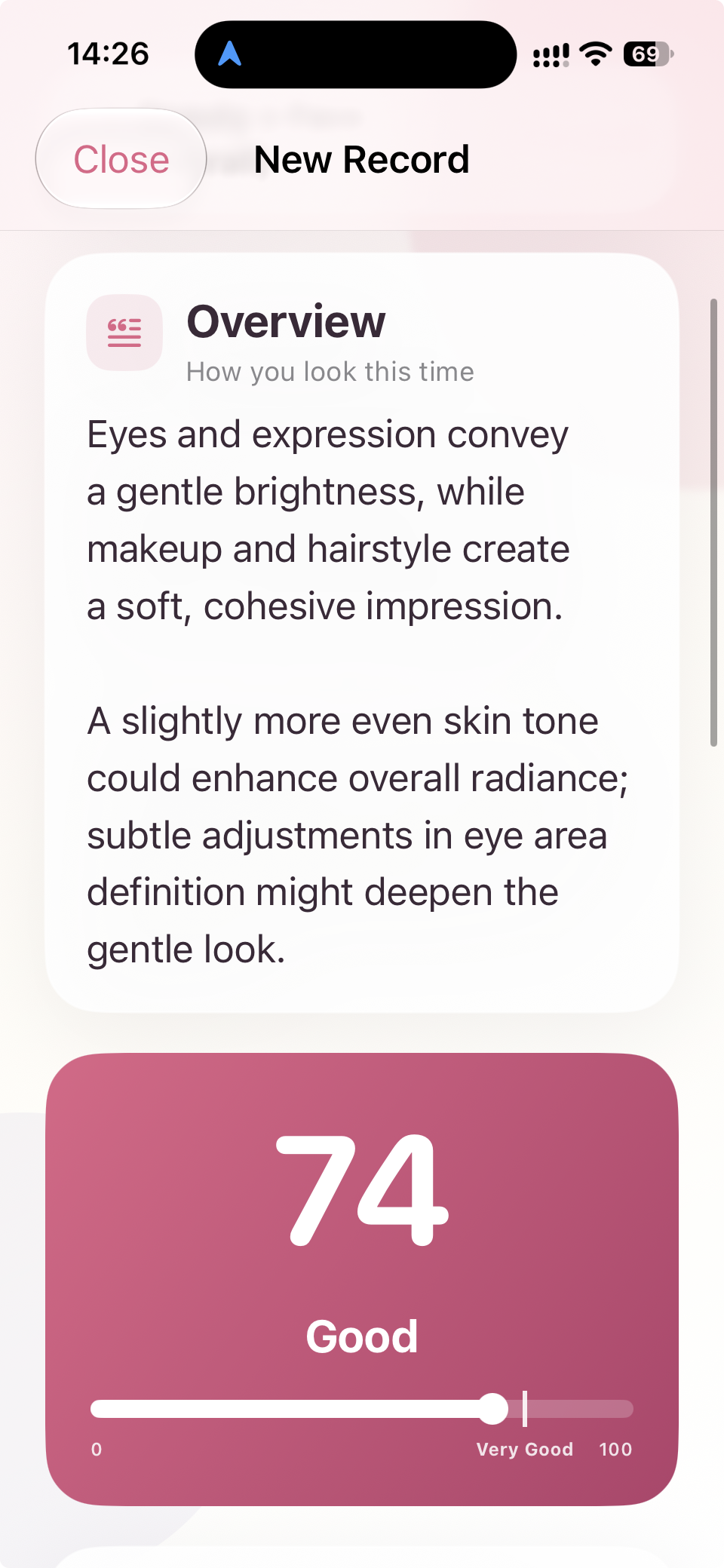English Beauty evaluation screen showing an overview and score