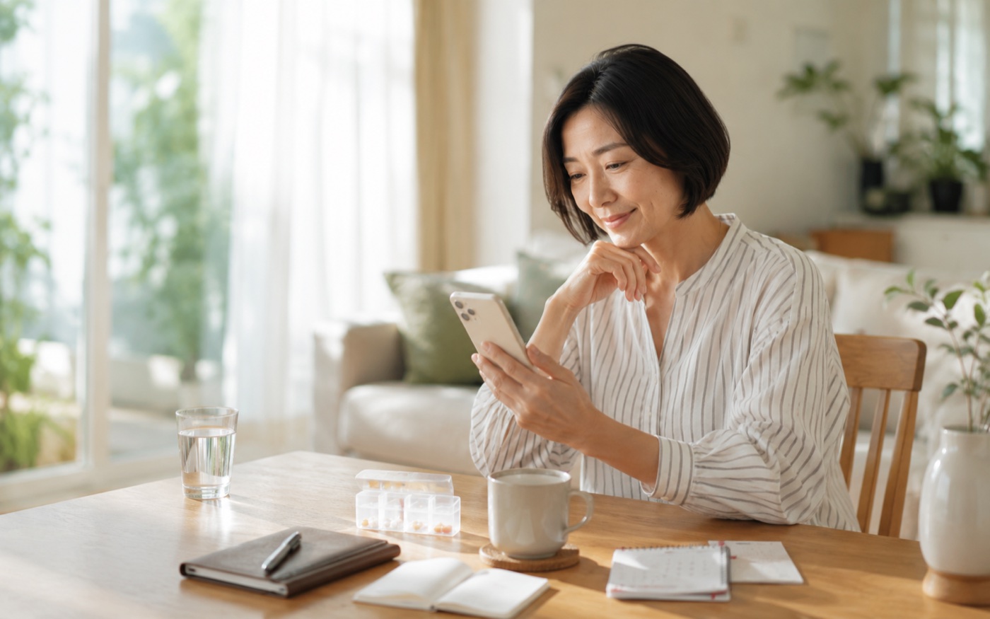 自宅でサナログを使い健康を記録する様子