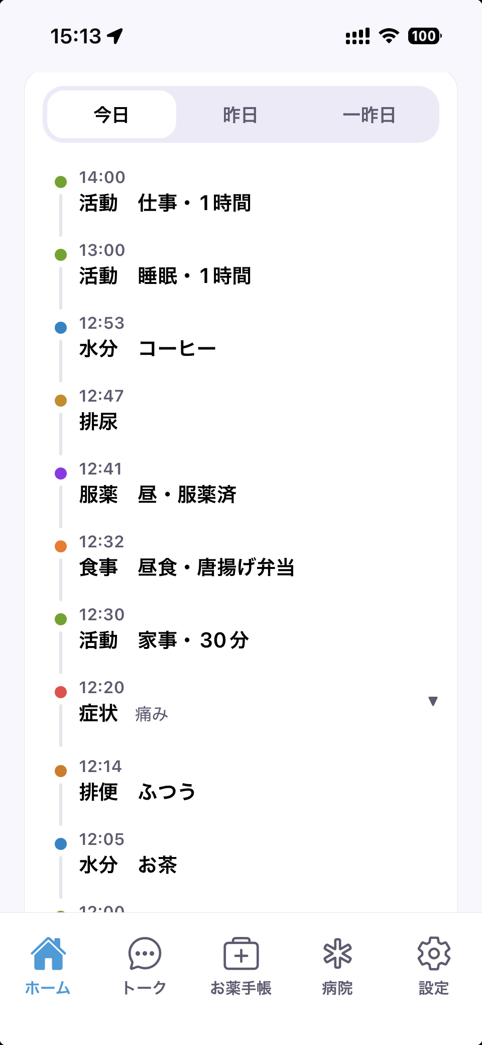 日々の記録が並ぶタイムライン画面