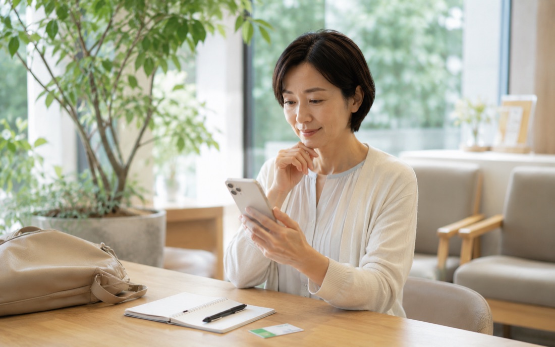 通院前に記録を確認する様子