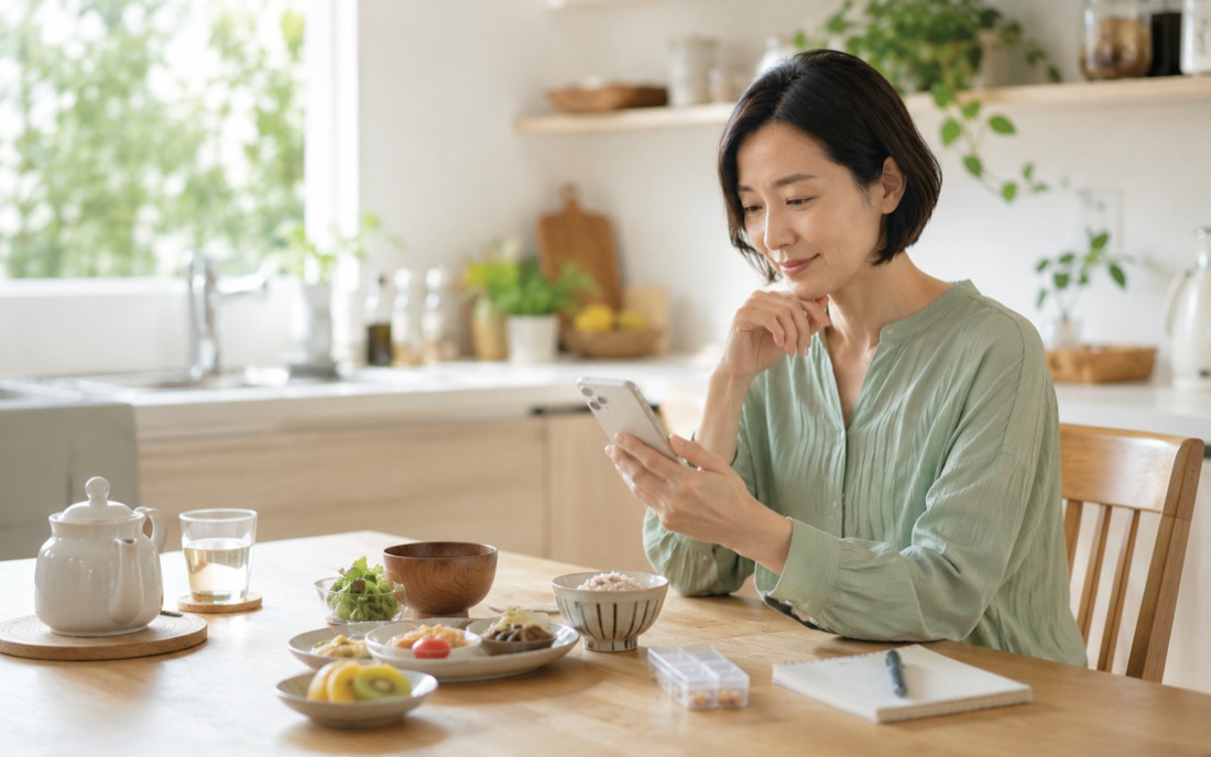 食事や体調の記録を振り返る様子