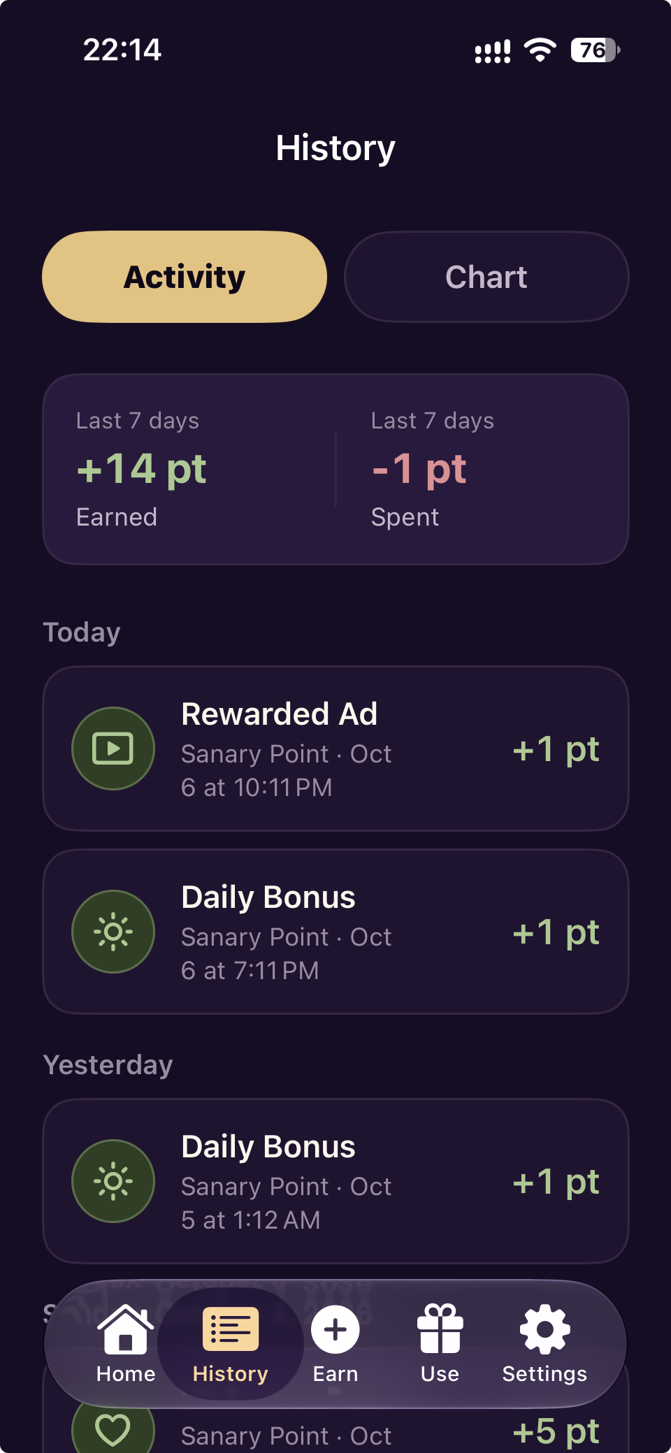 English Activity showing points earned and spent