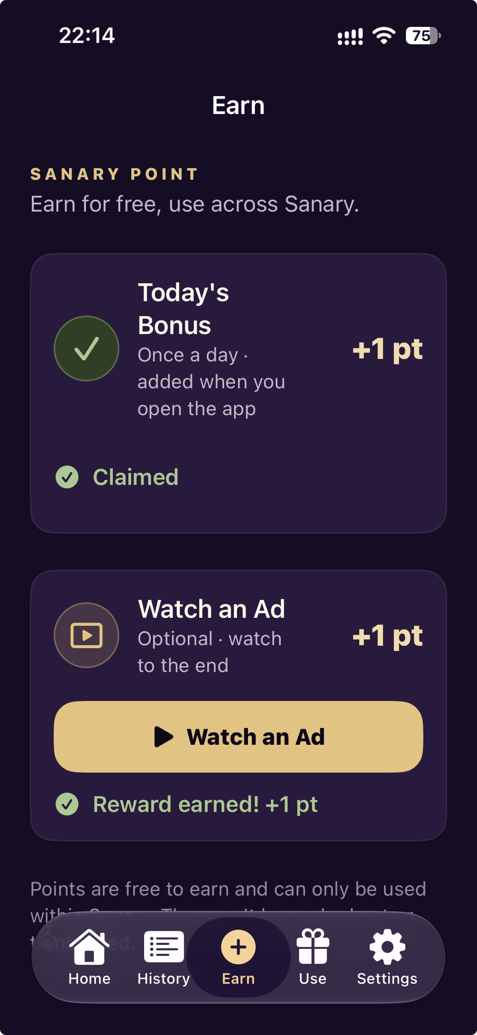 English Earn screen with Daily Bonus and Rewarded Ad