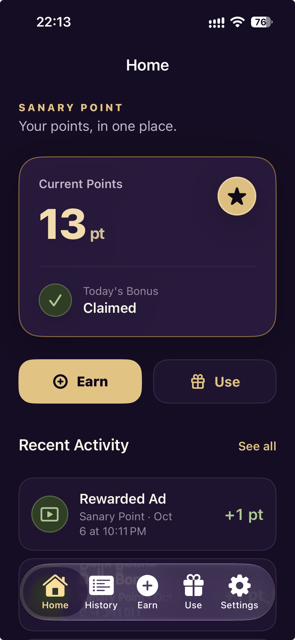 English Home screen showing the shared point balance