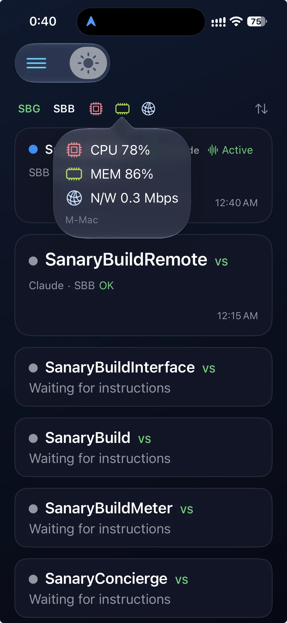 System metrics on iPhone: CPU, MEM, N/W, and the Mac name.