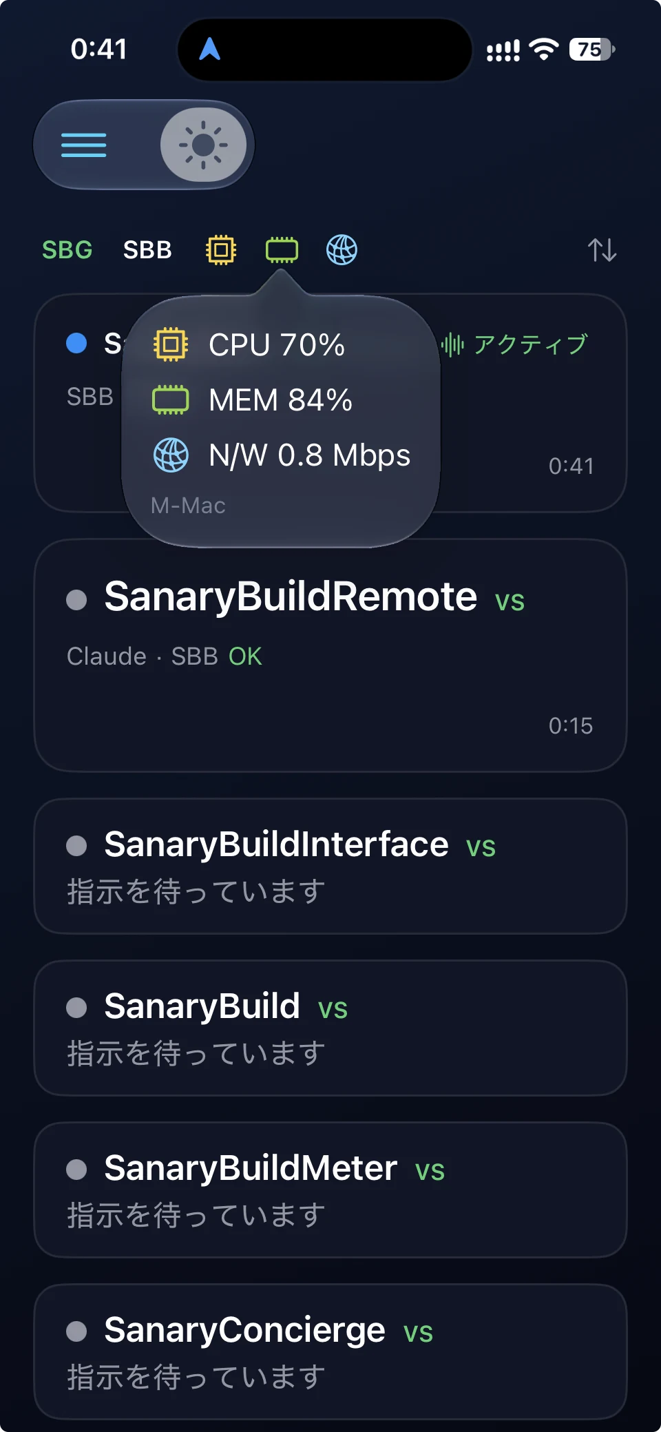 iPhoneのシステムメトリクス表示。CPU、MEM、N/WとMac名。