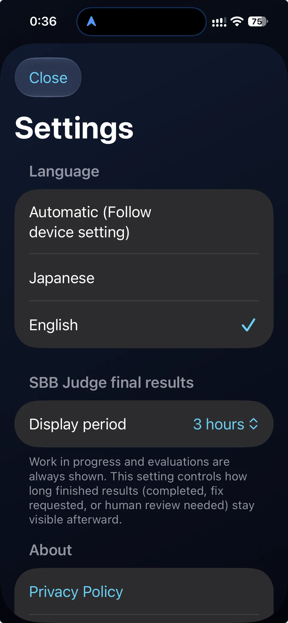 iPhone settings showing App Language and the display period for final Judge results.