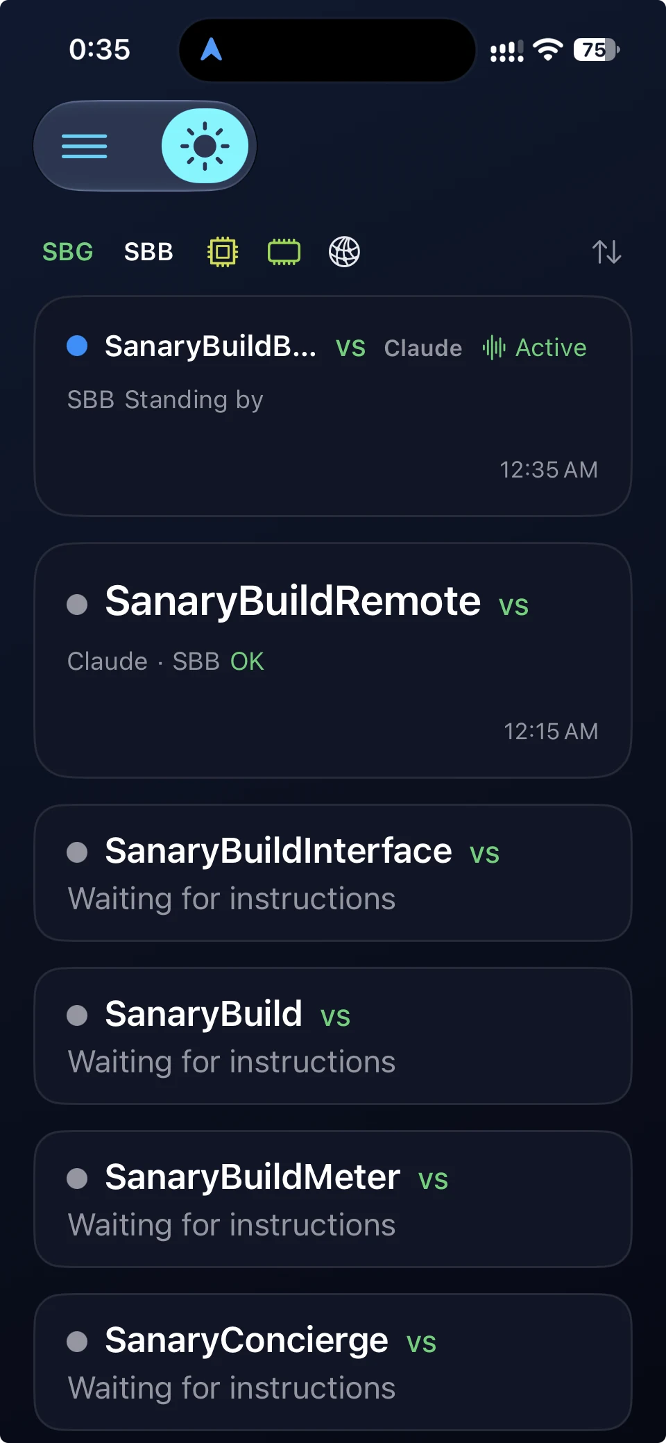 SBR on iPhone showing Agent status and SBB Judge results for each workspace.