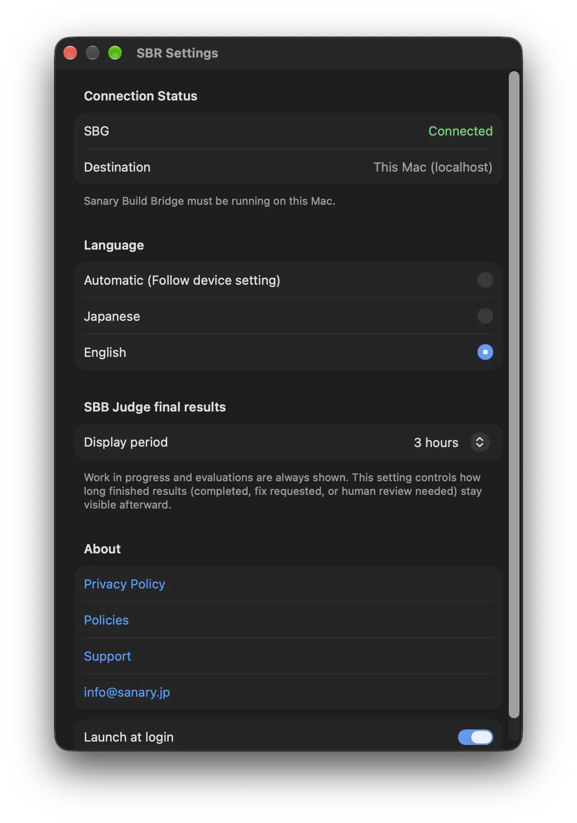 SBR settings on Mac: localhost connection, language, Judge display period, and Launch at login.