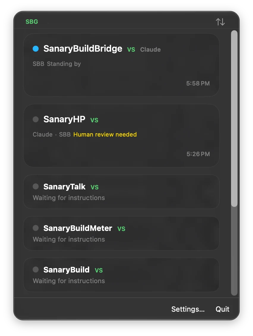 SBR menu bar panel on Mac showing workspaces and Judge results.