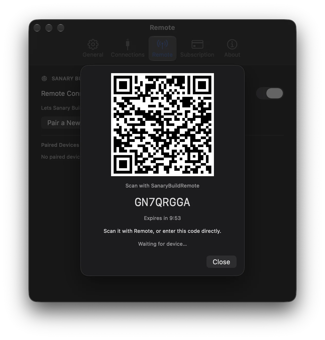 Pairing screen in SBB on Mac, with a QR code, pairing code, and expiry time.